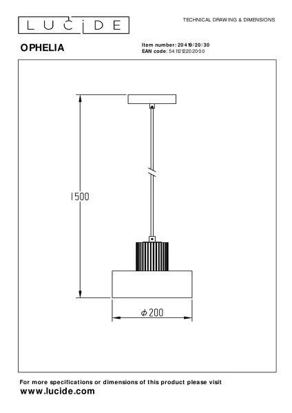 Lucide OPHELIA - Hanglamp - Ø 20 cm - 1xE27 - Zwart - technisch